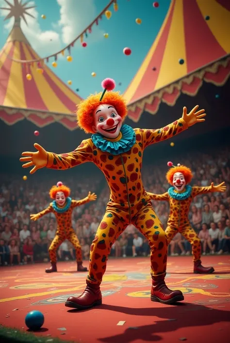 A circus with several clowns performing to the public 