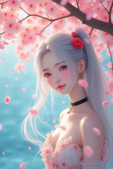 Master works, ultra high picture quality, perfect details, 8K works, extreme light effect, the background is a blue lake, there is a very strong peach tree, not exposed the trunk, super super pink and white peach trees hanging down from the branches, pink ...