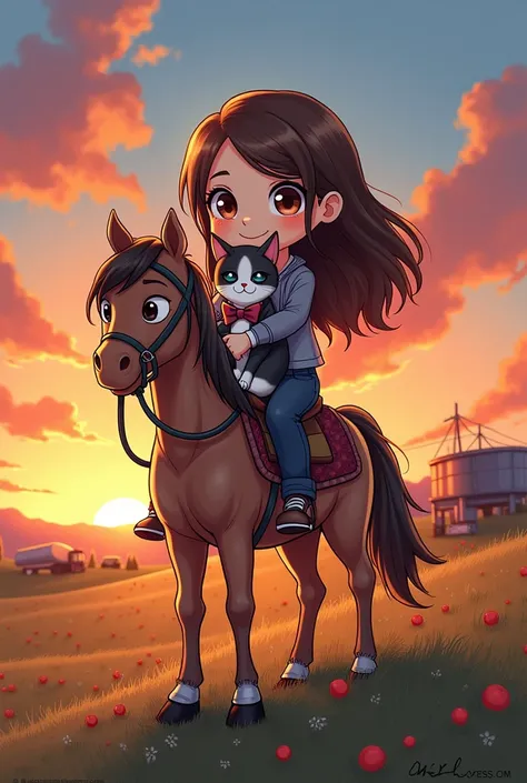  A girl with big eyes and long brown hair sits on a horse、 holding a cat in a tuxedo 。 A beautiful sky spreads out in the background 。, Equipment in the sunset ,Chibi,vivid color, high contrast , cute pencil art  , thick outline ,