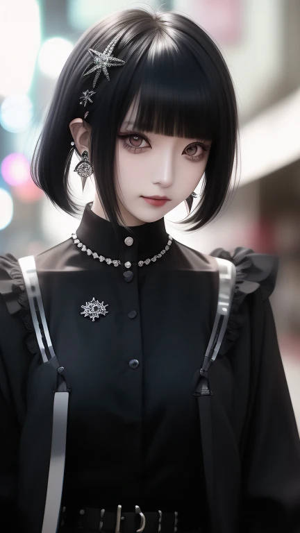 Black-haired、black、(((Black-haired))),Lunette de soleil、Earrings、amount、 short bang 、I can see the eyebrows、Goth_punk,  1 girl, solo,  Medium Shot , Walking around Harajuku, ((at night)),  Bokeh Depth of Field ,  Neon Light, Starry Sky, white shiny hair , ...