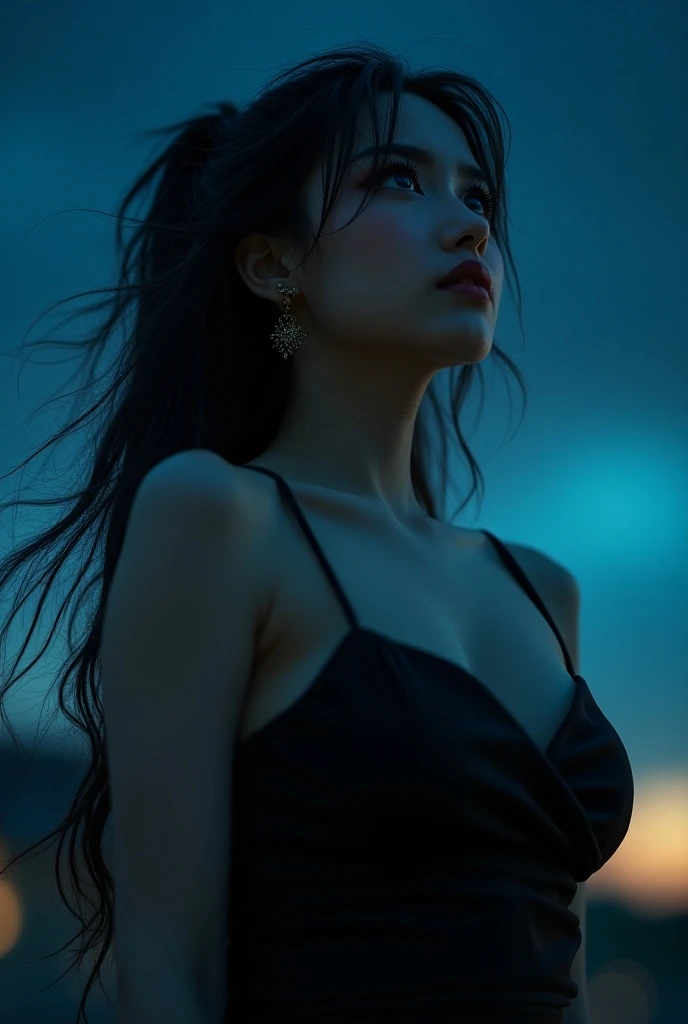  A Vietnamese woman like an idol ,long hair ,messy layered hair ,  round face ,reventar ,  black lolita dress costume  , like a photo  ,  high school , looking up at the night sky , breasts,  blue eyes ,  large breasts, Earrings, 