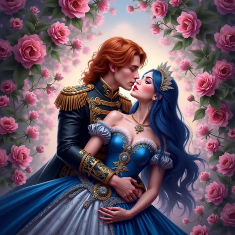 (a masterpiece,  top quality,  High resolution , 8 thousand, completeness: 1,2)  Photorealistic  book cover in the genre of epic romantic fantasy,  in the spotlight COUPLE  (  man and woman standing in their arms, standing in arms  ). young man with long c...