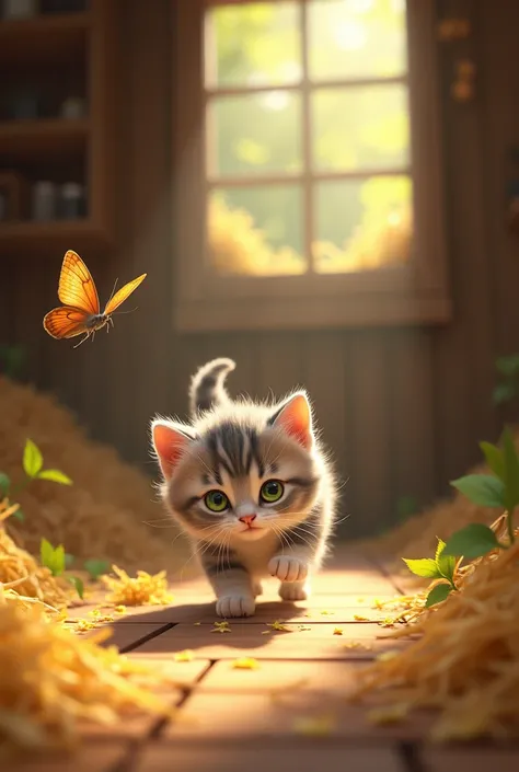 [AI Image: A small, gray-and-white kitten with bright green eyes, playfully exploring a barn filled with hay and sunlight streaming through the wooden walls.Young Luna mid-pounce, surrounded by golden leaves, with a butterfly just inches from her nose.]