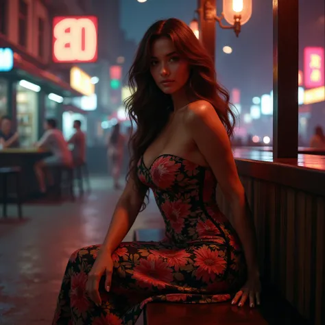 (photorealism:1.2), a beautiful curvy woman, tanned skin, an hourglass body shape, sitting on a bar bench, beautifully shoring her curves, wearing a flora gown, long hair, her face slightly covered by her hair, night lighting, city background, street light...