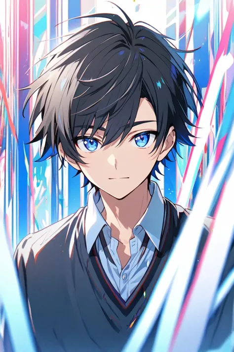 Male Anime Characters, Black Hair, Blue, Blue Eyes, Mixed Light Blue, Wearing School Male School Uniform.Black Japanese Tip,See half of the body,Casual look,