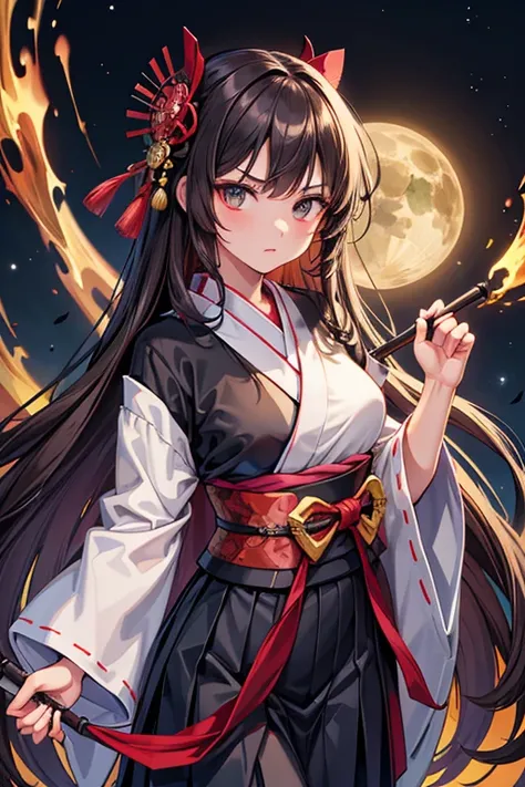 She is a calm adult female college student.
The costume is a black shrine maiden costume.
Above the obi is a kimono.
A long pleated skirt is required underneath.
A black brooch is attached to the left side of the obi.
Its okay to make your costume white, b...