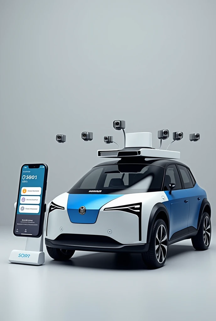  A car with 4 small cameras ,  one on each side ,  one in front and one back ,  and also showing a phone with a vehicle safety application called "CONTACT US ", Colored black, blue and white,  showing your MENU ,  showing : gps, Recording, cameras, SUBSCRI...