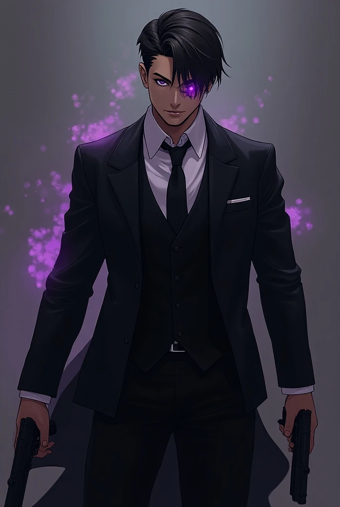 Play a character with dark powers, Hes human and wears a suit , He has dark parts on his body ,  he has an eye cut with a small stab mark on it ,  besides, he has dark weapons and dark pistols and wears only the part of the white blouse and the suit vest, ...