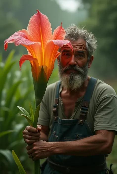 a striking little flower that transmits headaches with a man farmer taking care of it and selling it