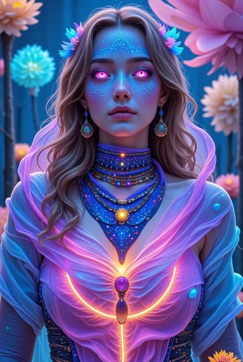 ultra-realistic portrait plan of a woman with a violet-blue, almost alien face, decorated with intricate phosphor beautiful patt...