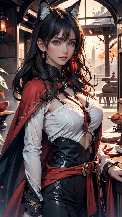  dont stub style, masterpiece, Best Quality, Super detailed, Illustration,  1 girl,  long black hair , Bright Red Eyes,  In the Ears of a Wolf , Black Cape, Fluffy color , sunset