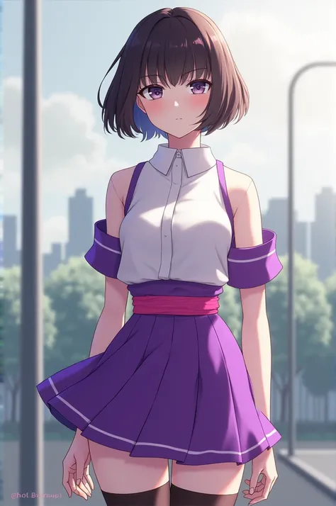 Her hair is short, and she has a white collar , ; her skirt is purple and short , . She wears a pink band around her waist and wears stockings from knee to toe. ; her clothes are purple and short sleeved 