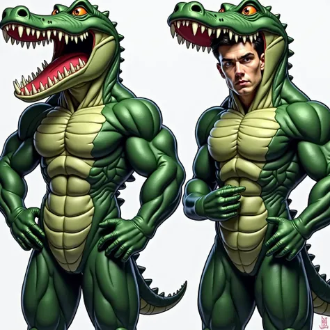 make a muscular man wearing a full one piece crocodile onesie-like suit,the mans body is fully hidden inside the costume except for his face sticking out of the crocodiles mouth, cartoon digital art 