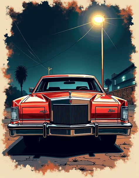 Painting of a 1979s Lincoln Mark V Car with a street light on the background colored illustration for tattoo, highly detailed and colored, richly detailed colored, inked and colored, traditional tattoo, gangster style tattoos, high quality colored sketch,