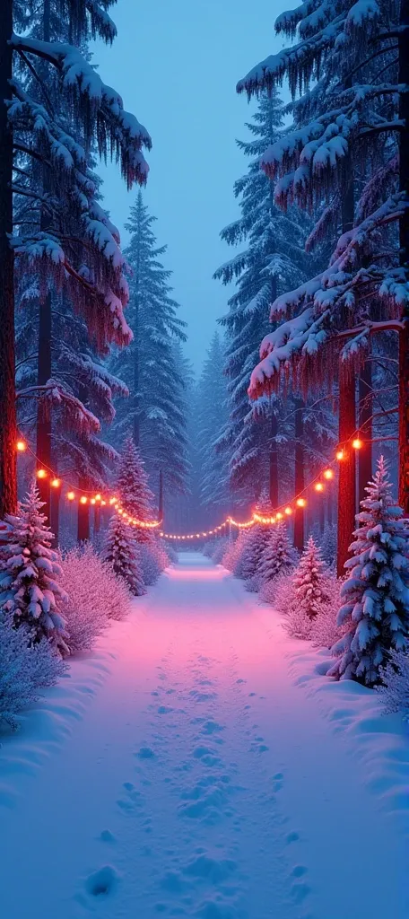 Christmas night background image with trees with Christmas lighting with a snowy path in the center to add text (no text) neon colors