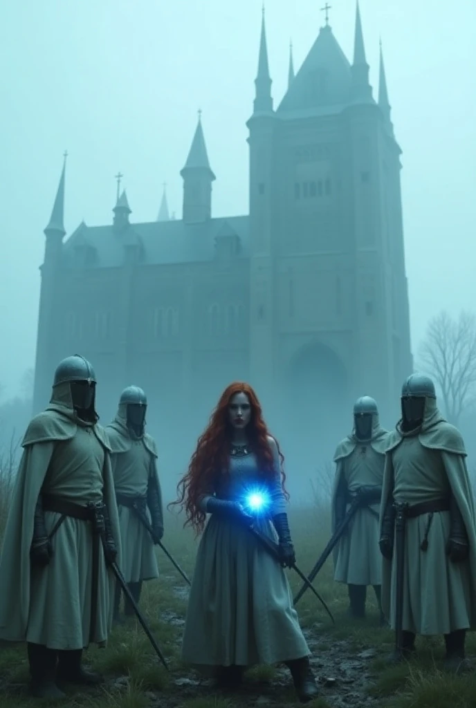  create the image of several Knights Templar side by side in an environment with thick and sinister fog ,  white clothes and a white hoodie hiding the face ,  dark face , wearing a metal mask characteristic of the time, There is the beautiful 18-year-old a...