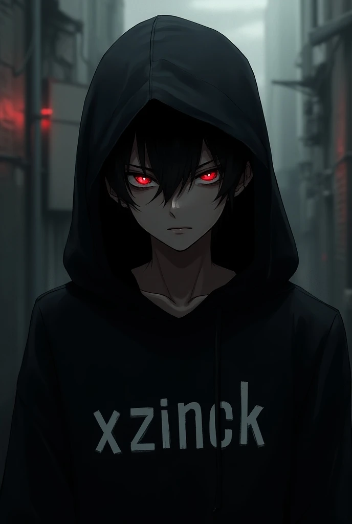  A dark-skinned male anime character ,   in a black hoodie spelled a name saying XZINCK EDIT,
 Red Eyes,  And the realistic background  