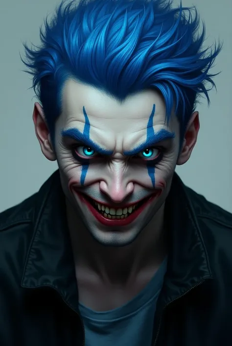 Blue-haired man with fluorescent blue eyes , with a hateful face and a creepy smile ,  black jacket, e barba 