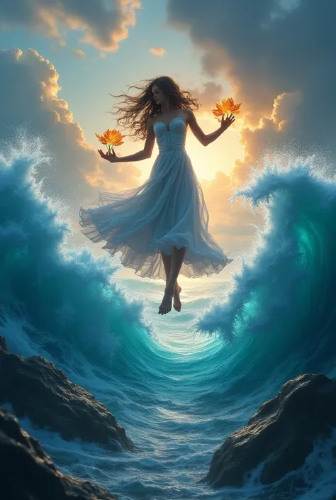 A magical powerful girl splitting the ocean in half, fantasy magical world, digital painting, highly detailed, intricate details, cinematic lighting, dramatic lighting, vibrant colors, dramatic atmosphere, epic scale, masterpiece, 8k, best quality