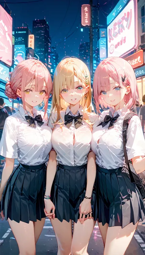  cyberpunk city, street,  Knight ,  Neon Light, Neon Signs, masterpiece, Best Quality,  high resolution on down, ＪＫ,Big Breasts,Three Girls,black bow,black bowtie, blonde hair,bow,bowtie,breast,Hair Bun, holding hands ,Fingers crossed,Long Hair, standing, ...