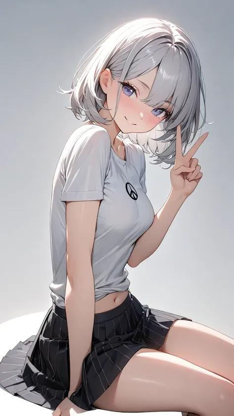  1 girl, solo, smile,  shortcuts,  high resolution on down, masterpiece,  Textured Skin, Silver Hair, Beauty,fine,bright, slender,Aperture F1.2,Head to waist, sexy,Fair skin, peace sign, no background,underwear, shirt ,skirt,sit, panties 