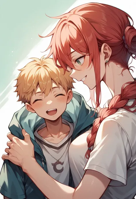 A manga cover type photo of a young red-haired boy in the background looking menacingly and smiling at a family shown in front of a red-haired woman and a man, With a young boy and girl who are their ren