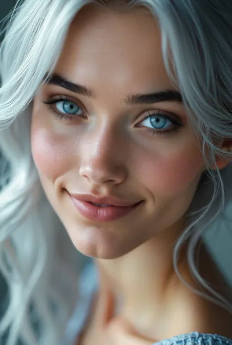 very aesthetic, masterpiece, best quality, 1 girl, solo, fine, elegant, extremely intricate, silver hair, jacket, blue eyes, ((outline defined full lips:1.4), happy, loving, pleasure), long eyelashes, extremely detailed, detailed face, (exceptional Detail ...