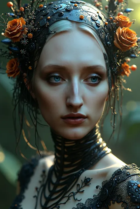 Complex 3 d render of a beautiful fascinating biomechanical female cyborg with a albino porcelain face, analog, beautiful natural light, rim light, 1 5 0 mm lens, aztec warrior, dark feathers, piercing, dark aztec tattoos, dark blossoms,  leaves and stems,...