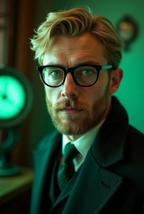 Masterpiece, best quality, portrait. 1930s. Intense young man with a pointed blond ducktail beard, moustache, confident look, white skin and green eyes. Old fashioned glasses. Temporal scientist, chronometer, green light effects. Time traveler.