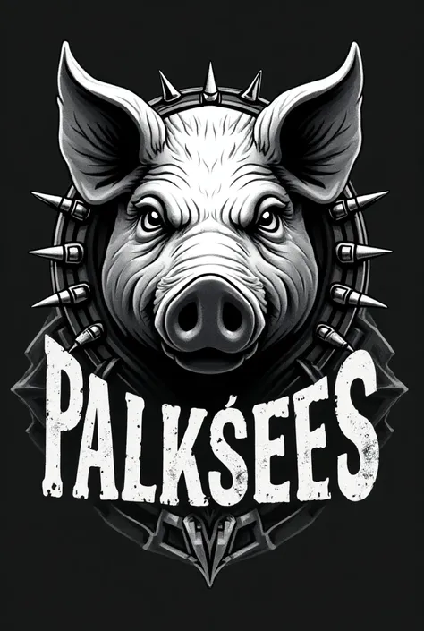 A logo type with a statuette of a pigs head with a spiked collar