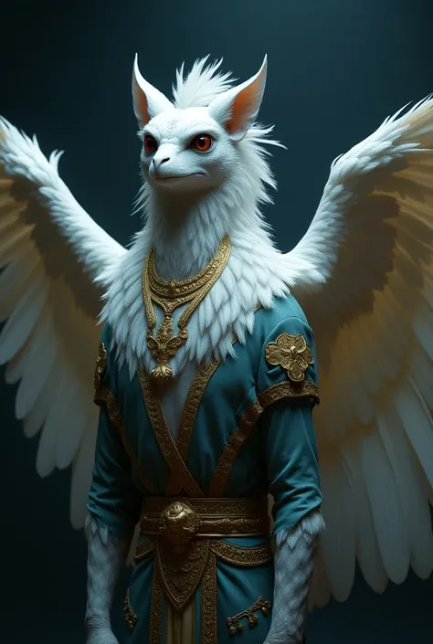  a thieving sphinx with whitish plumage , with shades of blue and gold,  that give it an imposing and enigmatic appearance .  His wings are partially open ,  displaying detailed feathers that reinforce his grandeur and intriguing personality .

 It has an ...