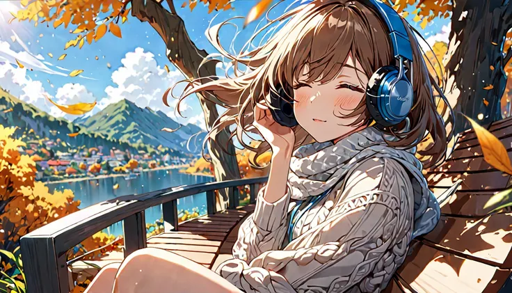 background：Park bench、 dead leaves are dancing in the wind 。  
expression： enjoying a quiet time 、Closing her eyes and feeling the wind 。  
Costume： casual knit and scarf 。  
Pose：Sitting on a bench、 shrugging her shoulders and relaxing 。  
scene：( brown-h...