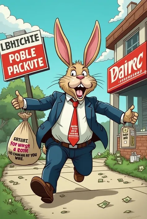  A cartoon could show a public official with a rabbit face ,  escaping with a bag of money while selling Dairy .  in the background ,  you could see the company Dairy with a sign that says  " Sold at a bargain price ".  The public official could be dressed...