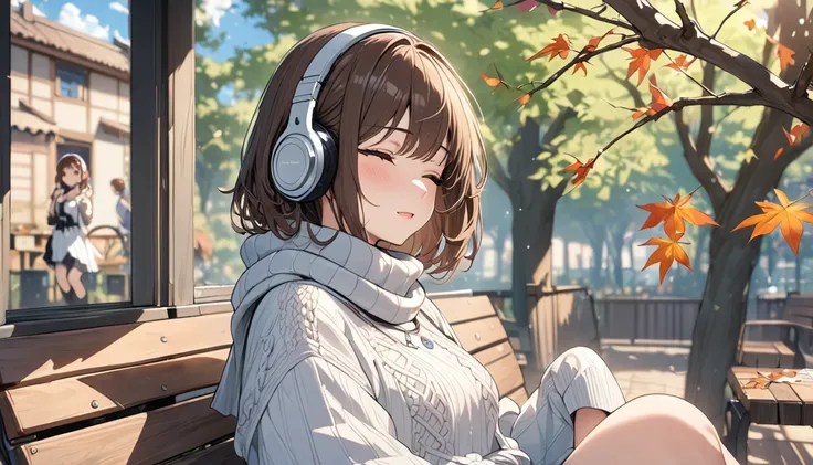 background：Park bench、 dead leaves are dancing in the wind 。  
expression： enjoying a quiet time 、Closing her eyes and feeling the wind 。  
Costume： casual knit and scarf 。  
Pose：Sitting on a bench、 shrugging her shoulders and relaxing 。  
scene：( brown-h...