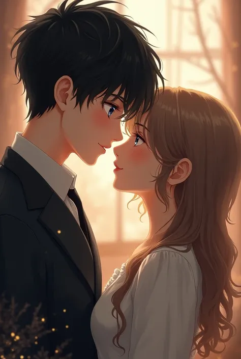  A white test boy with black hair cut wolf cut ,  dark jet eyes winged by a pale girl with light brown hair and light jet eyes, looking at each other slightly blushed because of the closeness  