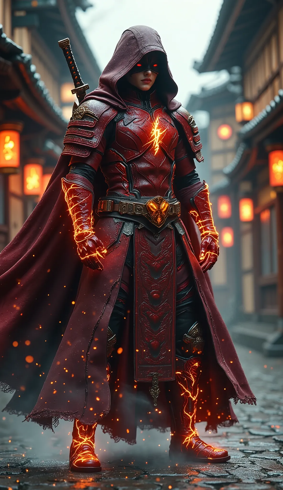 "create an ultra-realistic, wide-shot image of the flash reimagined as a dynamic samurai warrior, standing in a traditional japa...