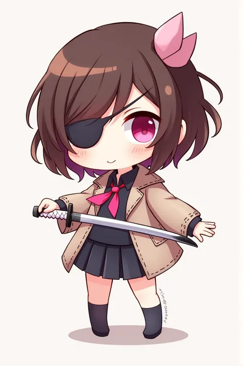 A brown haired girl with pink eyes, wearing a eyepatch, 2D, anime, Chibi, Holding a little katana, hair has a little bit of pink on the edges