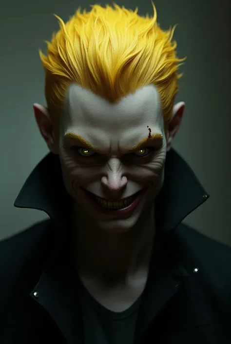 Yellow-haired man with yellow eyes with fire  , with a hateful face and a creepy smile ,  black jacket 