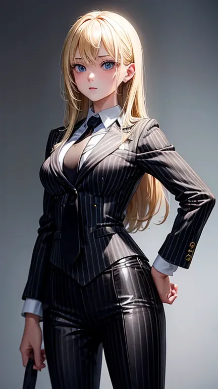 (Best quality)(masterpiece) blonde teenage sexy beautiful girl in black striped suit and black necktie 