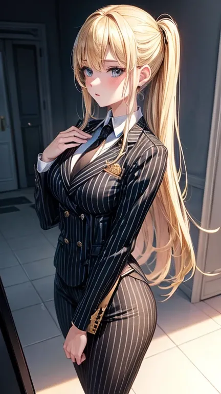 (Best quality)(masterpiece) blonde teenage sexy beautiful girl in black striped suit and black necktie 