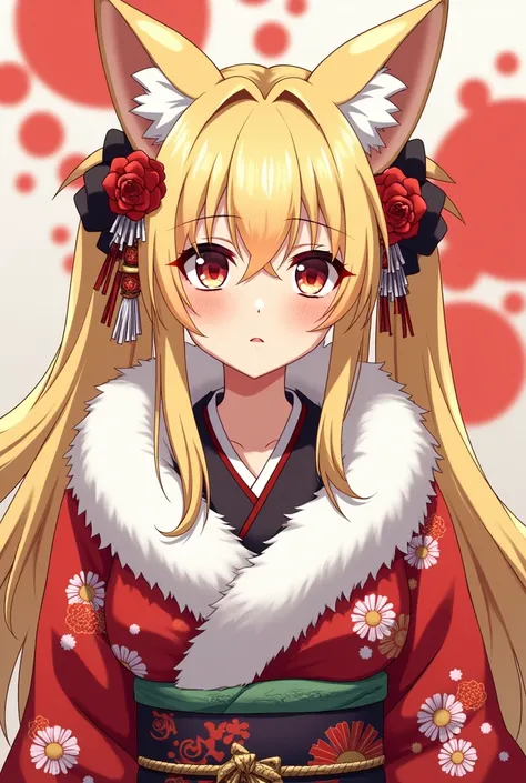 Oiran, blonde,  Fox ears , 9 fox tails,  lock between the eyes ,  a lot of decoration on the hair ,  makeup on the eyelids , sharp eyes, very elaborate kimono , very large chest, arrogant gaze, 30 year old woman, very attractive woman,  bad look nothing an...