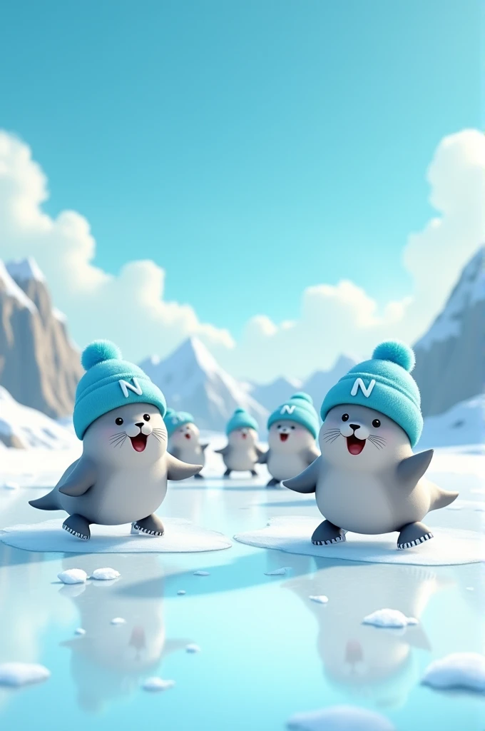  Seals with sky blue hats and the white letter N, skating on an ice rink . 