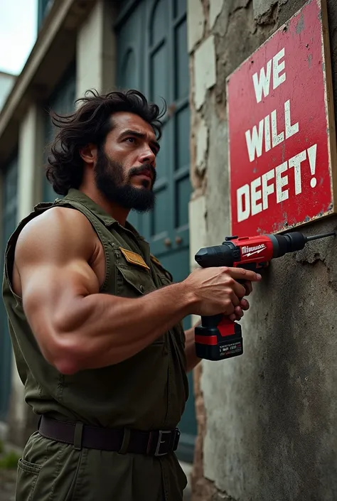 Ché Guevara using a Milwaukee Tool rotary hammer to install a sign that reads: We will defeat !