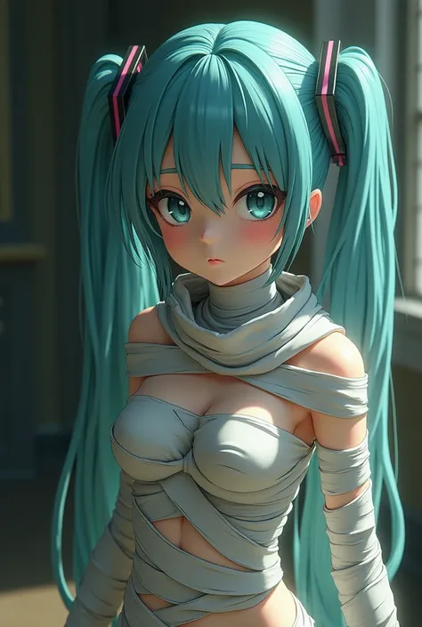 "A hyper-realistic, high-resolution photograph of Nakano Miku dressed as a mummy, showcasing her beautiful, youthful features and delicate skin, taken with a RED Komodo 6K and a Zeiss Master Prime 50mm lens. Miku is captured in both a still and moving pose...