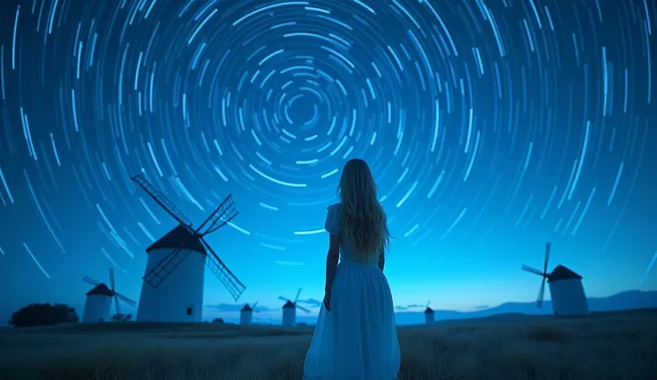    The whole place is full of blue light    , Long Exposure Photography、    Starry sky with lots of circular orbits    , Notice the stars   ,     A young Russian woman with long blond hair is staring at the stars,     Im wearing a white transparent dress  ...