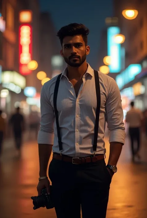 A realistic Indian handsome man walking in street light wearing white and black formal pink shirt and pant camera around the man