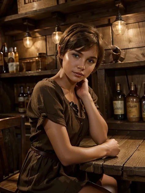 stunningly beautiful halfling woman, brown short shaggy hair, pixie hair cut, freckles, brown eyes, fantasy tavern owner, Brown explorer learher dress, Calm, Sweet, Caring, high cheekbone, small stature, fragile 