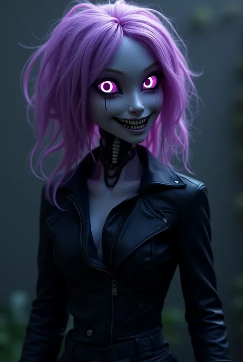 Purple-haired robot with purple eyes with fire  , with a hateful face and a creepy smile ,  black jacket 