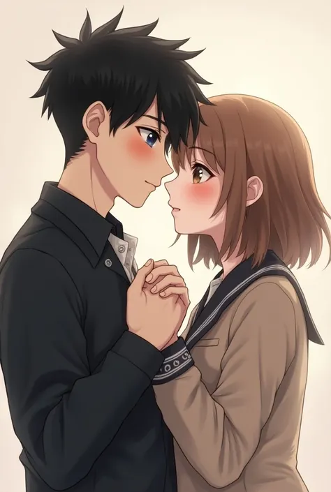  A white test boy with black hair cut wolf cut ,  dark jet eyes winged by a pale girl with light brown hair and light jet eyes, looking at each other slightly blushed because of the closeness , posture clasping hands with uniform 