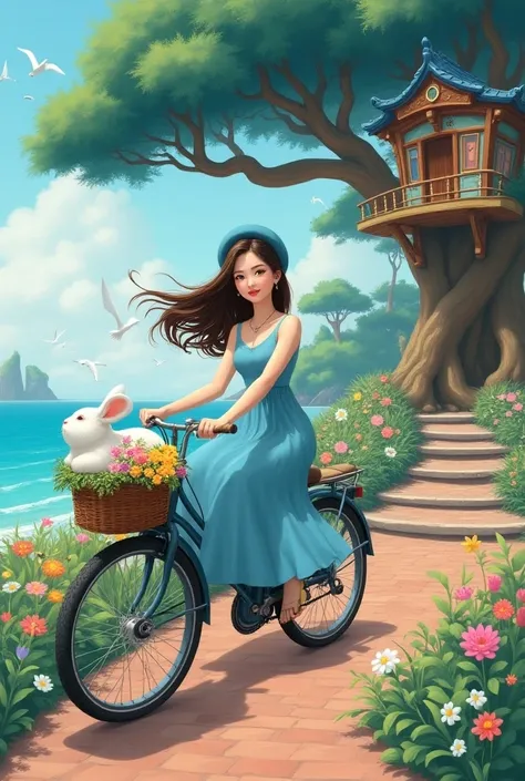 A very beautiful Chinese woman with brown eyes focuses her face looking towards the viewer, wearing a soft and slightly loose blue midi dress, long flowing hair beautifully, wearing a beret, riding a bicycle in full body view, in the bicycle basket there a...